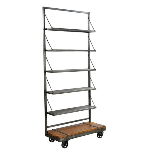 Casa Padrino Industrie Stil Leiterregal Anthrazit / Braun 100 x 45 x H. 230 cm - Fahrbares Regal mit 5 Metallb�den