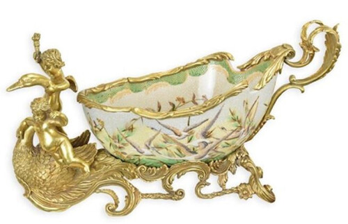 Casa Padrino Jugendstil Blumenschale mit dekorativen Engelsfiguren Mehrfarbig / Gold 46,6 x 19,2 x H. 23,5 cm - Porzellan Pflanzenschale - Barock & Jugendstil Deko Accessoires