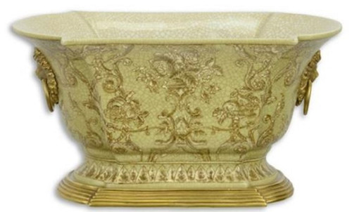 Casa Padrino Jugendstil Blumentopf Gr�n / Gold 26,9 x 16,7 x H. 14,1 cm - Porzellan Pflanzentopf mit Bronze L�wenkopf Griffen - Deko Accessoires