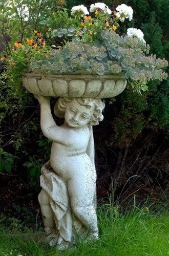 Casa Padrino Jugendstil Blumentopf mit Skulptur Antik Grau  50 x H. 86 cm - Pflanzentopf - Gartendeko
