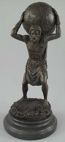 Casa Padrino Jugendstil Bronze Skulptur Mann mit Kugel Bronzefarben / Schwarz 15 x 15 x H. 33 cm - Bronzefigur - Dekofigur - Schreibtisch Deko Accessoires