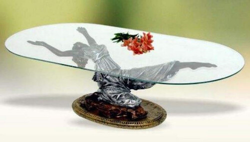 Casa Padrino Jugendstil Couchtisch Frau Silber / Braun / Antik Gold H. 45 cm - Eleganter Wohnzimmertisch mit ovaler Glasplatte - Barock & Jugendstil M�bel