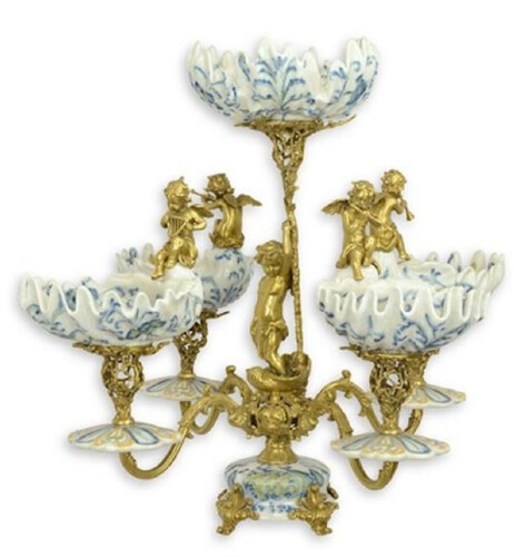 Casa Padrino Luxus Jugendstil Etagere mit dekorativen Engelsfiguren Creme / Blau / Gold H. 55 cm - Hotel & Restaurant Accessoires - Barock & Jugendstil Deko Accessoires
