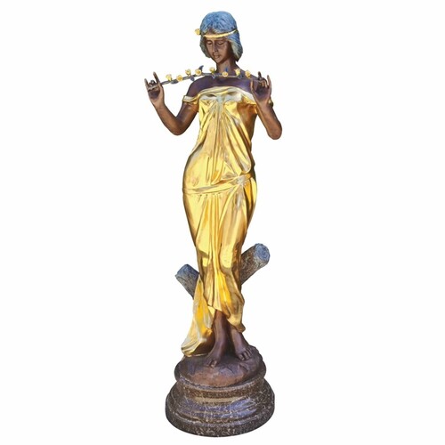 Casa Padrino Jugendstil Garten Deko Messing Skulptur Frau mit Blumen Gold / Bronze / Schwarz H. 180 cm