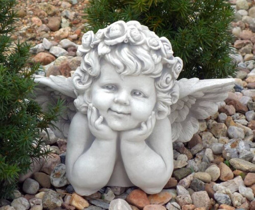 Casa Padrino Jugendstil Garten Deko Skulptur Engel Grau 40 x 22 x H. 31 cm - Elegante Garten Deko Stein Figur - Barock & Jugendstil Garten Deko Accessoires - Garten Deko Skulpturen