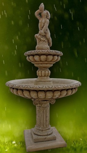 Casa Padrino Barock Gartenbrunnen Junge mit Muschel Dunkelgrau  114 x H. 220 cm - 2 Stufiger Springbrunnen - Gartendeko Brunnen