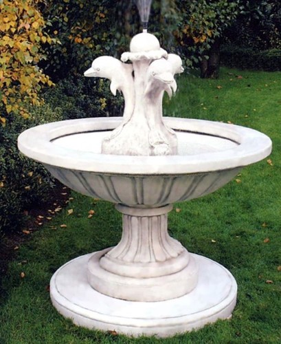 Casa Padrino Jugendstil Gartenbrunnen Wei�grau  130 x H. 145 cm - Runder Springbrunnen mit dekorativen Delfinen - Gartendeko