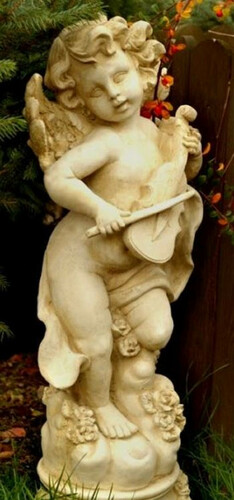 Casa Padrino Jugendstil Gartendeko Skulptur Engel Sandfarben / Beige 32 x 28 x H. 81 cm - Garten Deko Figur - Garten & Terrassen Deko Accessoires