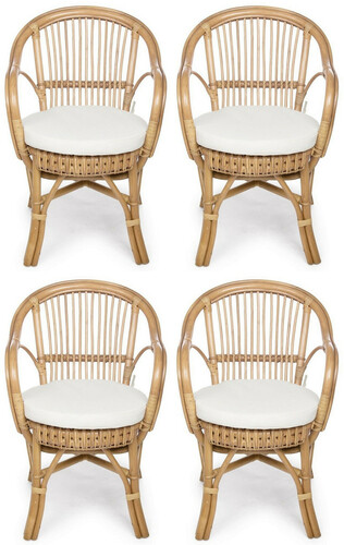 Casa Padrino Luxus Gartenstuhl 4er Set Naturfarben / Wei� 57 x 61 x H. 80 cm - Rattan St�hle mit Armlehnen und Sitzkissen - Moderne Rattan Garten & Terrassen M�bel