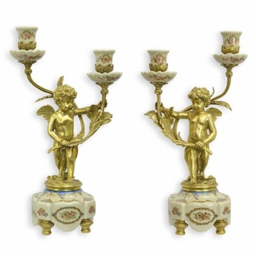 Casa Padrino Jugendstil Kerzenhalter Set Gold / Creme H. 38,6 cm - Deko Accessoires