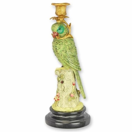 Casa Padrino Jugendstil Kerzenst�nder Papagei schaut nach links Gr�n / Gold / Schwarz H. 31 cm