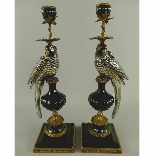 Casa Padrino Jugendstil Kerzenhalter Set Papageien Schwarz / Gold H. 48 cm