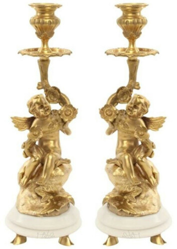 Casa Padrino Barock Kerzenhalter Set Engel Gold / Wei� 13,8 x 13,8 x H. 39,5 cm - Elegante Bronze Kerzenst�nder mit Marmorsockel - Barock Deko Accessoires - Barock Interior - Barock M�bel