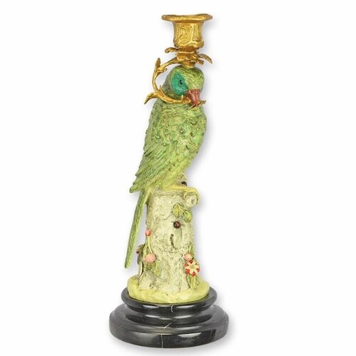 Casa Padrino Jugendstil Kerzenst�nder Papagei schaut nach rechts Gr�n / Gold / Schwarz H. 31 cm