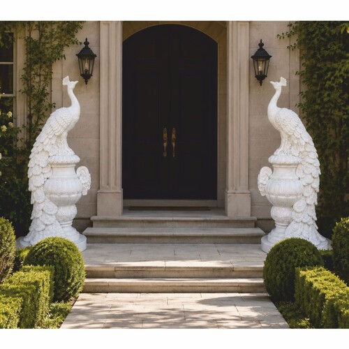 Casa Padrino Barock Marmor Skulpturen Set 2 Pfauen Wei� H. 180 cm - Prunkvolle Barockstil Marmor Figuren - Garten & Terrassen Deko