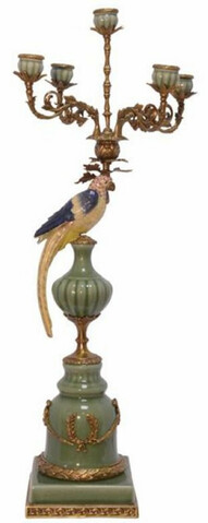 Casa Padrino Jugendstil Kerzenhalter mit dekorativem Papagei Mehrfarbig / Messing 35,5 x 35,5 x H. 83,5 cm - Barock & Jugendstil Deko Accessoires