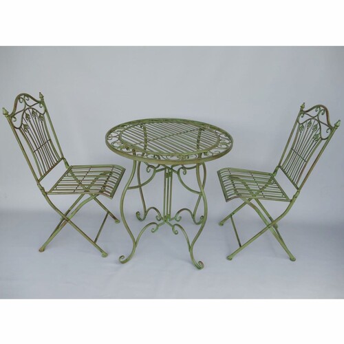 Casa Padrino Jugendstil Garten M�bel Set Gr�n - 1 Runder Metall Garten Tisch & 2 Metall Garten St�hle - Nostalgische Garten & Gastronomie M�bel