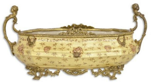 Casa Padrino Jugendstil Blumenschale Beige / Messingfarben 45 x 23,7 x H. 5,3 cm - Porzellan Pflanzenschale - Barock & Jugendstil Deko Accessoires