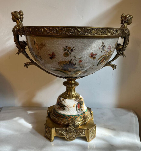 Casa Padrino Jugendstil Porzellan Sch�ssel Mehrfarbig / Messing 40 x H. 42 cm - Prunkvolle Porzellan Schale - Barock & Jugendstil Deko Accessoires