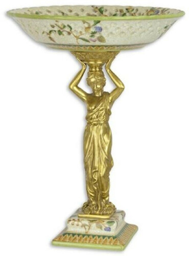 Casa Padrino Jugendstil Deko Schale Mehrfarbig / Gold  25 x H. 33,2 cm - Elegante Porzellan Obstschale mit dekorativer Bronzefigur - Barock & Jugendstil Deko Accessoires
