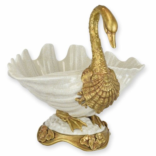 Casa Padrino Jugendstil Porzellan Sch�ssel Schwan Wei� / Gold 27,1 x 23,5 x H. 25,3 cm