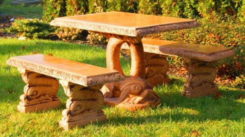 Casa Padrino Stein Gartenm�bel Set Fisch Beige - 1 Orientalischer Gartentisch & 2 Orientalische Gartenb�nke - Orientalische Garten & Terrassen M�bel