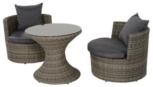 Casa Padrino Luxus Gartenm�bel Set Dunkelgrau / Grau - 1 Runder Gartentisch mit Glasplatte & 2 runde Gartensessel mit Kissen - Moderne Garten & Terrassen M�bel