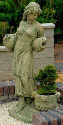Casa Padrino Jugendstil Wasserspeier Skulptur Frau mit Kr�gen und dekorativem Blumentopf Gr�n / Beige 63 x 61 x H. 140 cm - Gartendeko Statue Steinfigur 