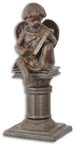Casa Padrino Jugendstil Gartendeko Gusseisen Figur Engel auf S�ule Braun 16,7 x 14,1 x H. 34,1 cm - Garten & Terrassen Deko Skulptur - Barock & Jugendstil Deko Accessoires