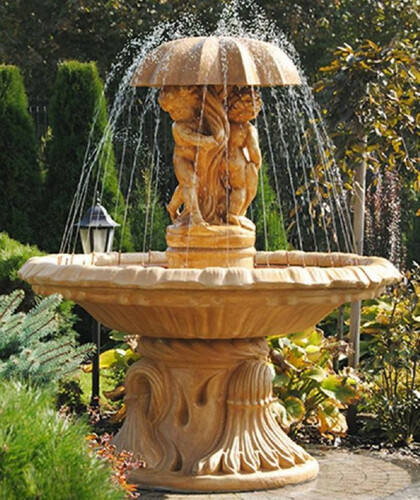 Casa Padrino Jugendstil Springbrunnen Kinder mit Regeschirm Beige  155 x H. 176 cm - Prunkvoller Gartenbrunnen - Gartendeko Brunnen - Barock & Jugendstil Garten Deko Accessoires