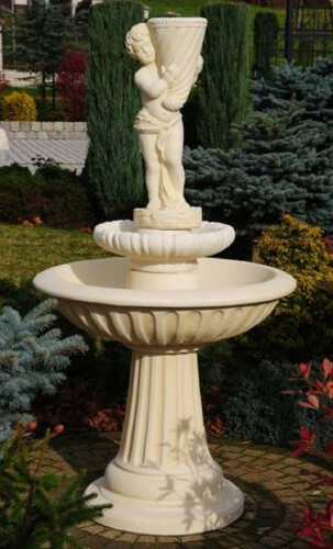 Casa Padrino Jugendstil Springbrunnen Junge mit F�llhorn Sandfarben  92 x H. 172 cm - Prunkvoller Gartenbrunnen - Gartendeko Brunnen - Barock & Jugendstil Garten Deko Accessoires
