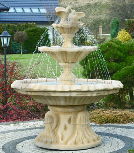 Casa Padrino Jugendstil Springbrunnen mit Tauben Sandfarben  155 x H. 182 cm - Prunkvoller Gartenbrunnen - Gartendeko Brunnen - Barock & Jugendstil Garten Deko Accessoires