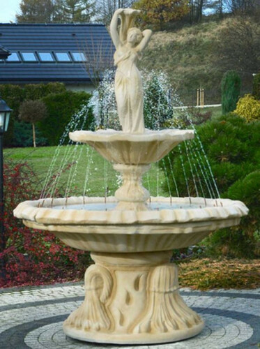 Casa Padrino Jugendstil Springbrunnen Frau mit Vase Sandfarben  155 x H. 215 cm - Prunkvoller Gartenbrunnen - Gartendeko Brunnen - Barock & Jugendstil Garten Deko Accessoires