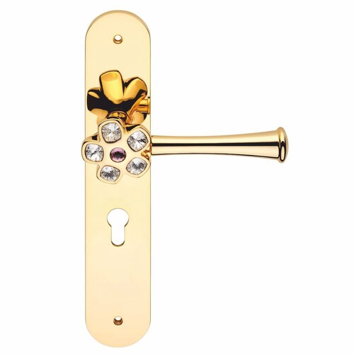 Casa Padrino Jugendstil T�rklinken Set mit Kristallglas Gold / Lila 30 cm - T�rgriffe mit Platten - Jugendstil Accessoires - Made in Italy