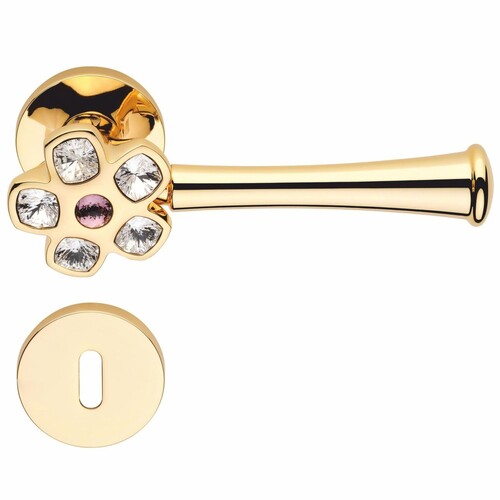 Casa Padrino Jugendstil T�rklinken Set mit Kristallglas Gold / Lila 16,3 cm - T�rgriffe mit Rosetten - Jugendstil Accessoires - Made in Italy