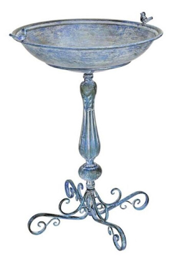 Casa Padrino Jugendstil Vogeltr�nke mit 2 dekorativen V�gelchen Antik Blau 56 x 49 x H. 74 cm - Rundes Metall Vogelbad - Garten Accessoires - Barock & Jugendstil Garten Deko