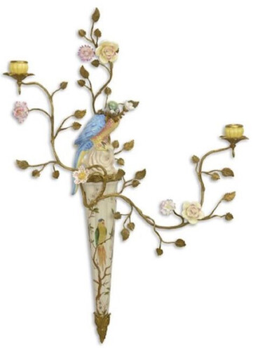 Casa Padrino Jugendstil Wandkerzenhalter Papagei Mehrfarbig / Messing 55 x H. 79,2 cm - Porzellan Wand Kerzenhalter - Barock & Jugendstil Porzellan Wanddeko