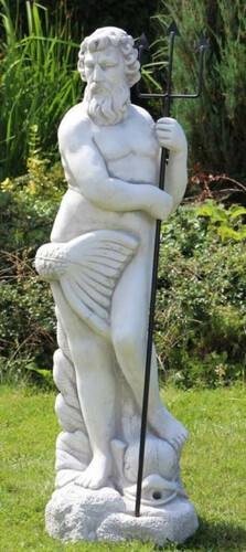 Casa Padrino Jugendstil Wasserspeier Skulptur Neptun mit Fisch Grau / Schwarz 35 x 35 x H. 123 cm - Elegante Wasserspeier Stein Figur - Barock & Jugendstil Garten Deko Accessoires