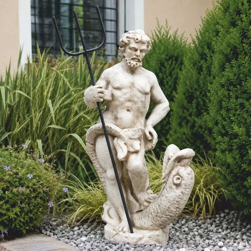 Casa Padrino Jugendstil Skulptur Neptun mit Fisch Wei� / Braun / Schwarz H. 74 cm - Garten & Terrassen Deko Figur - Made in Italy