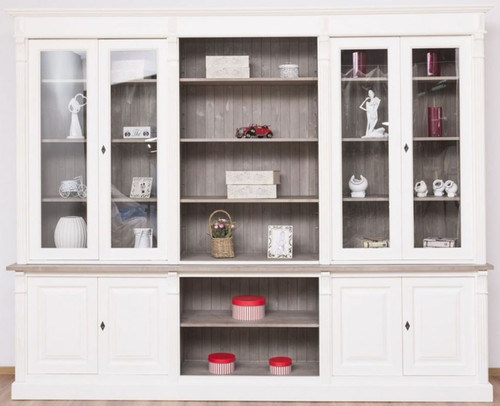 Casa Padrino Landhausstil B�cherschrank Wei� / Braungrau 286 x 51 x H. 228 cm - Massivholz Schrank - Wohnzimmerschrank - B�roschrank - Landhausstil M�bel