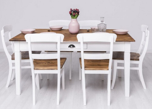 Casa Padrino Landhausstil Esszimmer M�bel Set Wei� / Braun - 1 Landhausstil Esstisch & 6 Landhausstil Esszimmerst�hle - Massivholz Esszimmer M�bel - Landhausstil Esszimmer M�bel