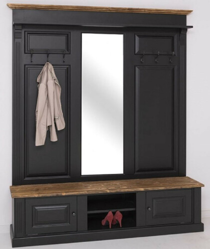 Casa Padrino Landhausstil Garderobe Schwarz / Braun 180 x 41 x H. 210 cm - Massivholz Garderobenschrank mit Spiegel - Landhausstil Garderobenm�bel