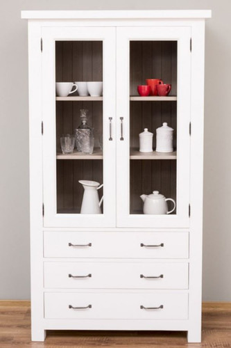 Casa Padrino Landhausstil K�chenschrank Wei� / Grau 100 x 50 x H. 180 cm - Massivholz Vitrinenschrank mit 2 Glast�ren und 3 Schubladen - Landhausstil K�chen M�bel