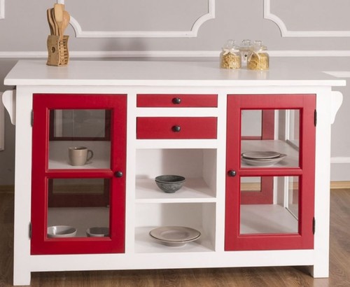Casa Padrino Landhausstil K�cheninsel Wei� / Rot 150 x 90 x H. 90 cm - Massivholz K�chenschrank mit 4 Glast�ren und 4 Schubladen - Landhausstil K�chenm�bel