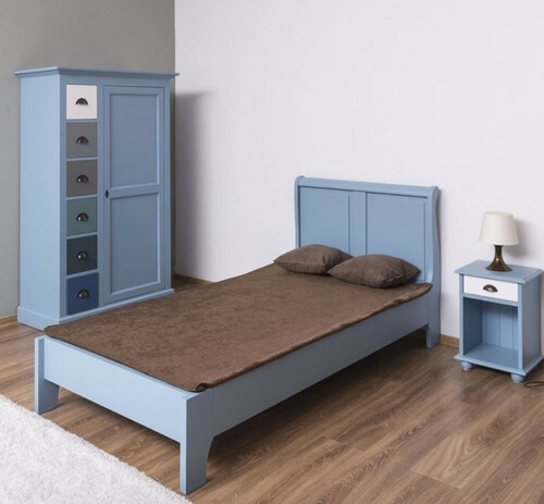 Casa Padrino Landhausstil Massivholz Kinderzimmer M�bel Set Hellblau / Wei� / Mehrfarbig - 1 Einzelbett & 1 Kleiderschrank & 1 Nachttisch - Landhausstil M�bel