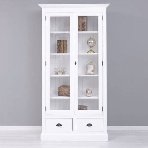 Casa Padrino Landhausstil Schrank Wei� 110 x H. 210 cm - Massivholz B�cherschrank mit 2 Glast�ren & 2 Schubladen