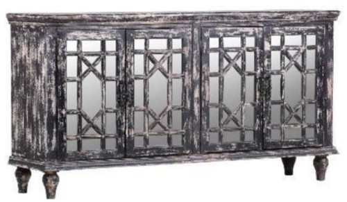 Casa Padrino Landhausstil Sideboard Vintage Schwarz 182 x 45 x H. 100 cm - Massivholz Schrank mit 4 verspiegelten T�ren - Landhausstil M�bel