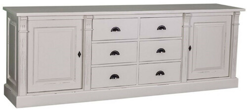 Casa Padrino Landhausstil Sideboard Antik Grau / Cremefarben 219 x 51 x H. 78 cm - Massivholz Schrank mit 2 T�ren und 6 Schubladen - Landhausstil Massivholz M�bel