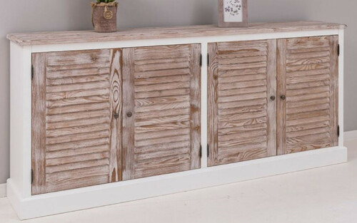 Casa Padrino Landhausstil Sideboard Wei� / Naturfarben 209 x 37 x H. 90 cm - Massivholz Schrank mit 4 T�ren - Massivholz M�bel - Esszimmer M�bel - Landhausstil M�bel