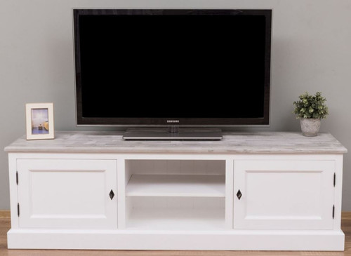 Casa Padrino Landhausstil TV Schrank Wei� / Grau 180 x 46 x H. 56 cm - Massivholz Fernsehschrank mit 2 T�ren - Landhausstil Wohnzimmer M�bel